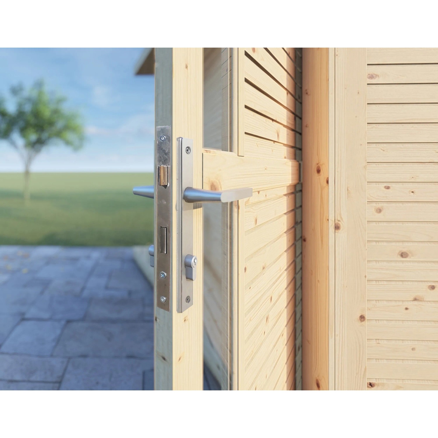 Detailaufnahme: Tür mit Schloss des Bertilo Gartenhaus Pentus 1 aus naturbelassenem Holz.