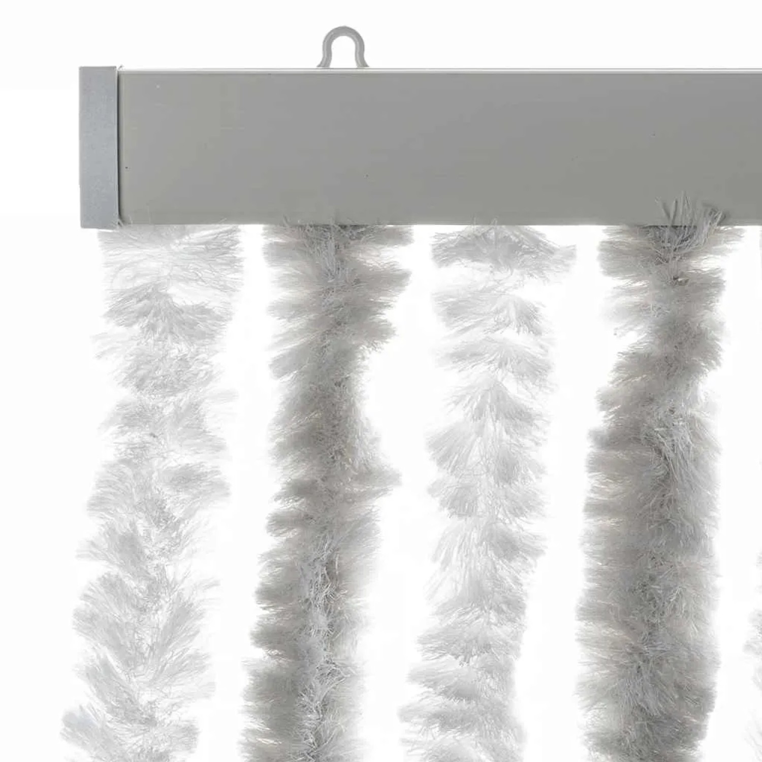 Hellgrau-weißer vidaXL Chenille-Fliegenvorhang. Detail der flauschigen Stränge und der oberen Montageschiene für Insektenschutz.