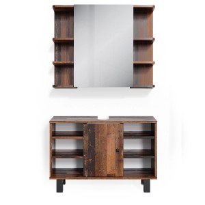 Vicco Badmöbel-Set Fynn Antikholz, 2-teilig: Unterschrank (80 cm) und Spiegelschrank mit Regalen.