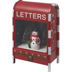 Weihnachtsdekoration: Spieluhr in Form eines Briefkastens mit Schneemann und LED-Beleuchtung.