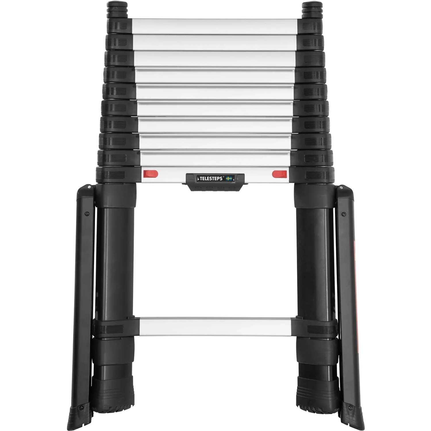 Zusammengeklappte Hymer Teleskop-Anlegeleiter mit 11 Stufen aus Aluminium und Kunststoff.