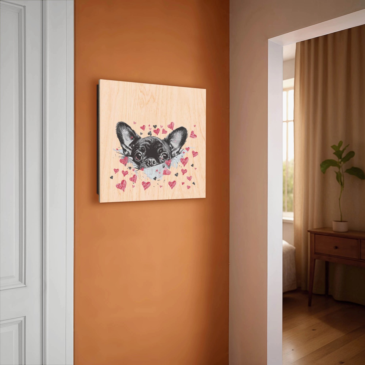 Schwarzer Banjado Schlüsselkasten aus Holz, 30x30cm, mit Motiv Liebes-Chihuahua und 50 Haken.