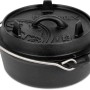 Schwarzer Petromax Dutch Oven FT3 mit Deckel und Henkel, geeignet zum Kochen im Freien.