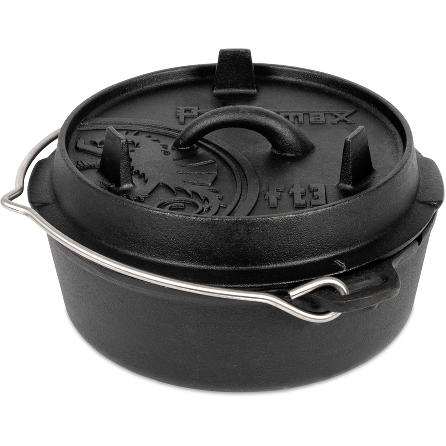 Schwarzer Petromax Dutch Oven FT3 mit Deckel und Henkel, geeignet zum Kochen im Freien.