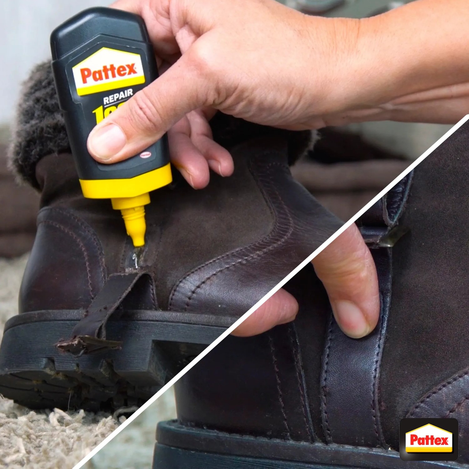 Anwendung von Pattex 100% Repair Alleskleber auf einem braunen Lederstiefel.