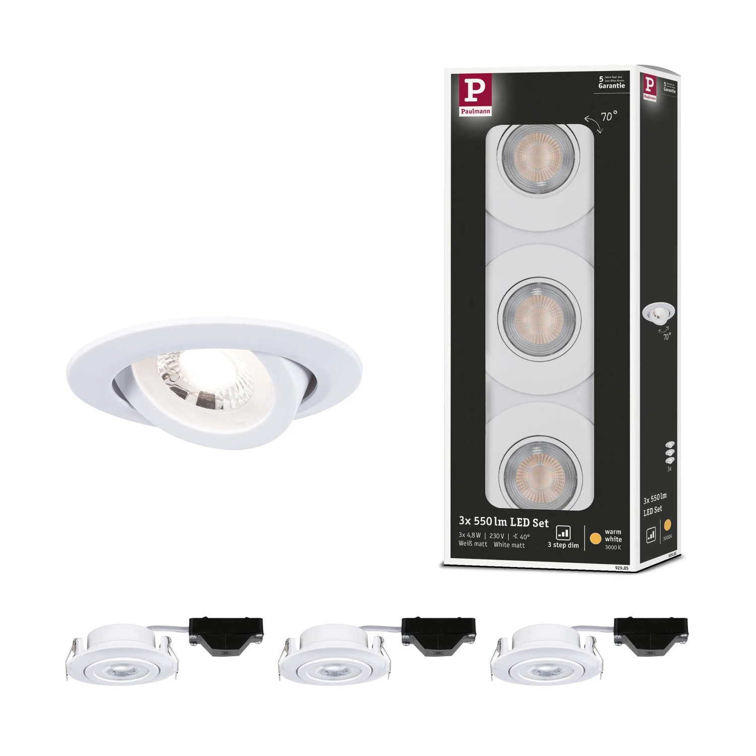 Einbauleuchten-Set mit 3 schwenkbaren, weißen LED Spots, 3-Stufen Dimmfunktion, warmweißes Licht.