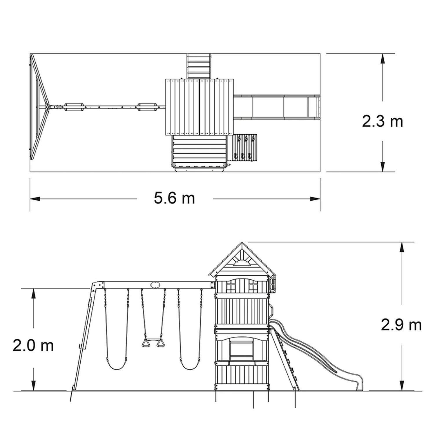 Skizze des Backyard Discovery Spielturm Atlantic mit Rutsche, Schaukel in Grün/Gelb, Maße