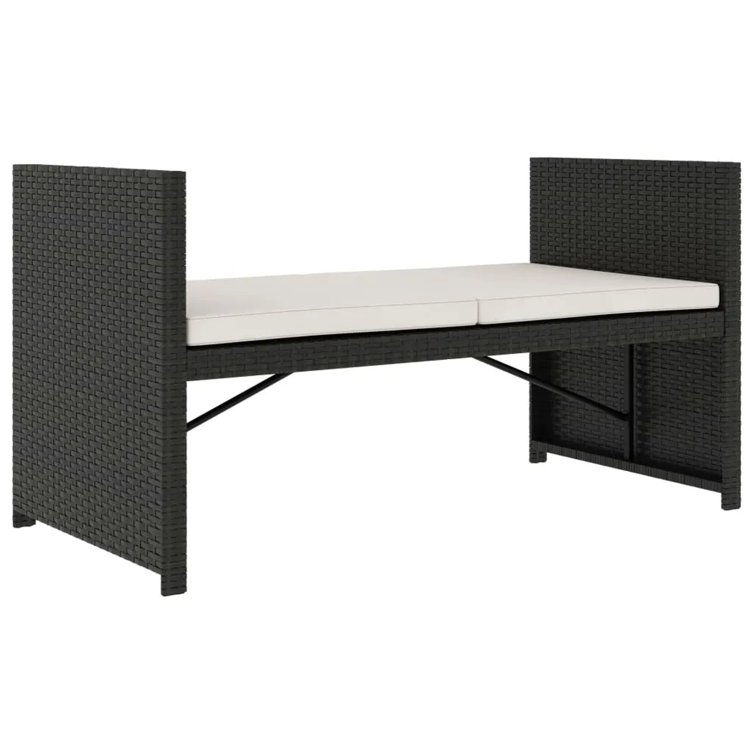 Schwarze vidaXL Gartenbank aus Rattan mit cremefarbener Auflage, Teil eines Lounge-Sets.