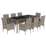 Graue 9-tlg. Garten-Essgruppe aus Polyrattan mit Glasplatte und Kissen. Gartenmöbel-Set für 8 Personen.