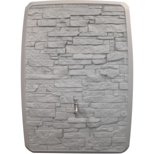 Graue Waterform Regentonne Multitank 250 l mit Steinoptik und Wasserhahn.