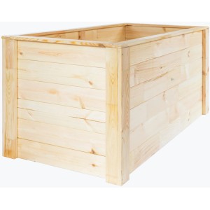 Unbepflanztes, helles Holz-Hochbeet (150x76x79 cm) für den Garten.