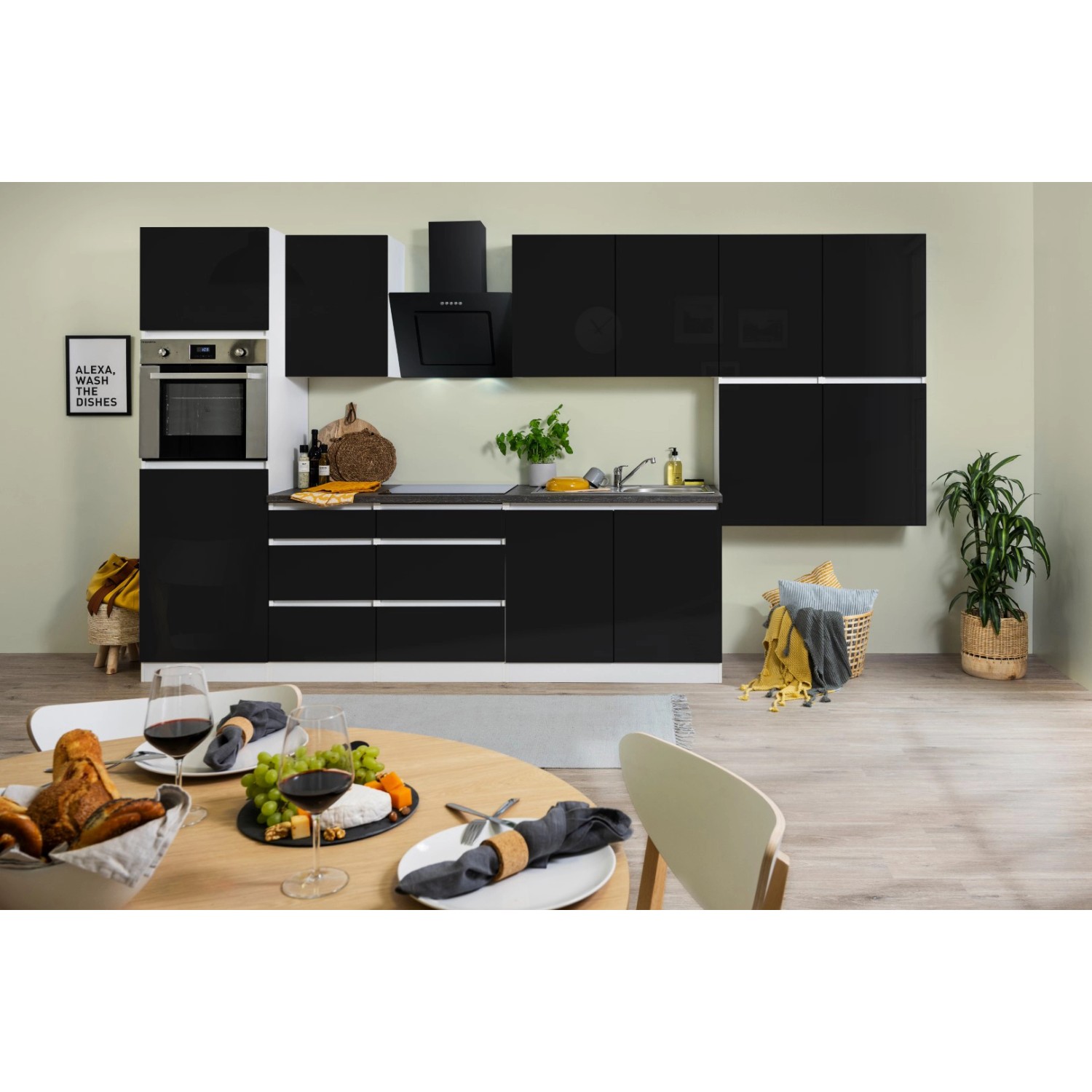 Respekta Küchenzeile/Küchenblock ohne E-Geräte 370 cm Grifflos Schwarz Hochglanz-Weiß