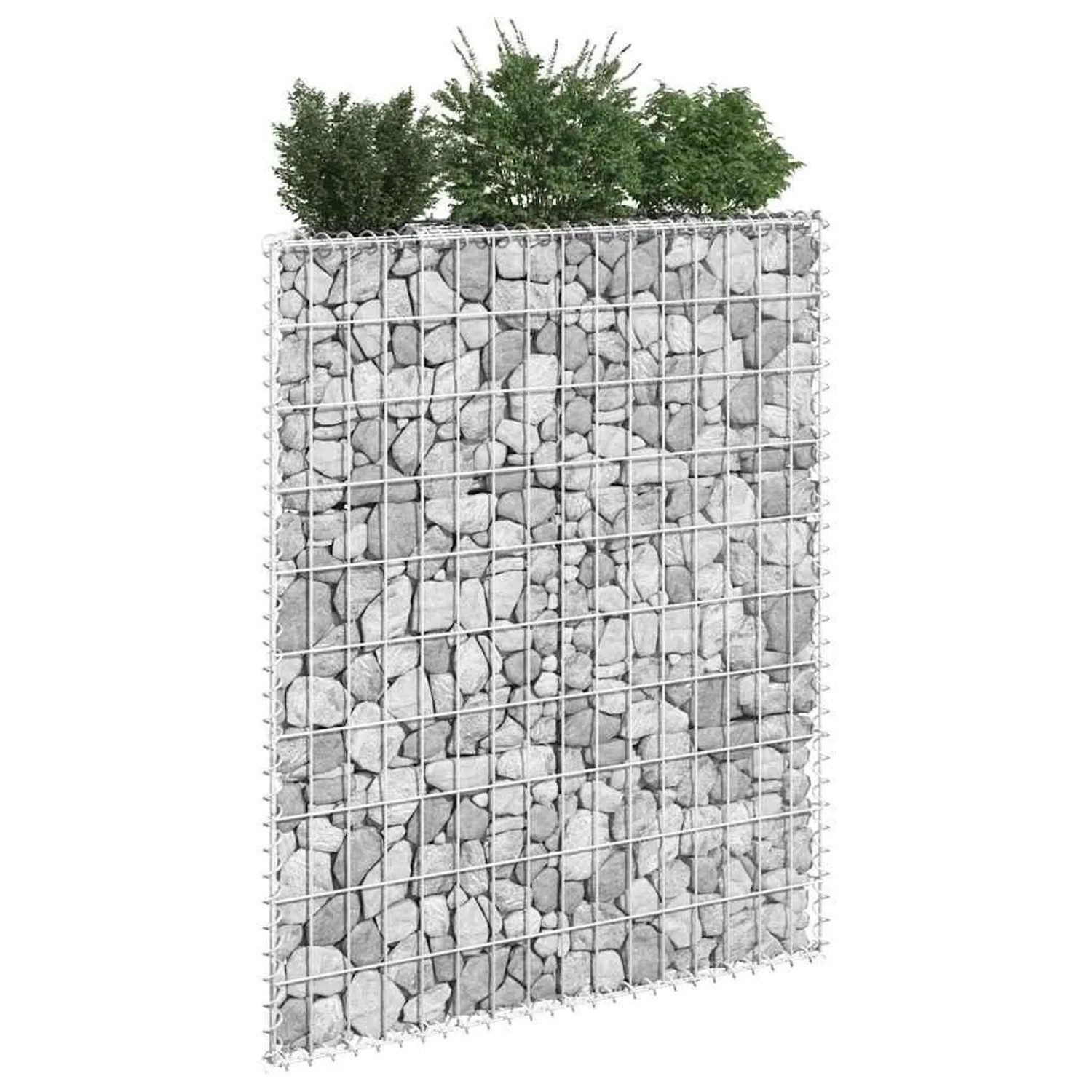 Furnicato Gabionen-Hochbeet Trapez, verzinkter Stahl, 80x20x100 cm, gefüllt mit Steinen und bepflanzt.