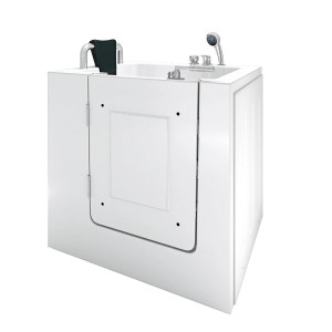 Weiße AquaVapore Senioren Sitzbadewanne 100x78 cm mit Tür, Armaturen und Handbrause.