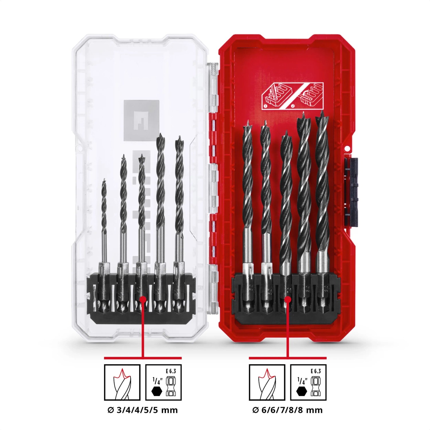 Einhell Holzspiralbohrer-Set, 10-teilig im S-Case, verschiedene Größen in Aufbewahrungsbox.