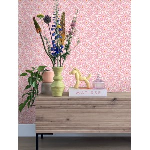 ESTAhome Tapete Gänseblümchen Rosa und Orange 53 cm x 10.05 m