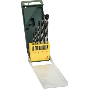 Bosch Betonbohrer-Set Promoline, 5-teilig im grünen Kasten mit gelbem Einsatz und transparentem Deckel.