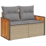 Beige 7-tlg. Garten-Sofagarnitur aus Polyrattan mit hellgrauen Kissen.
