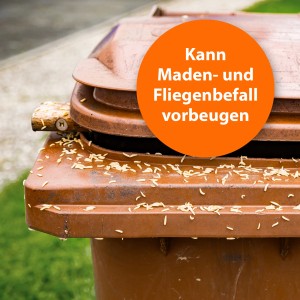 Braune Biotonne mit Madenbefall, Ardap Biotonnen-Pulver zur Vorbeugung.