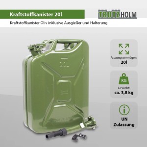 3 olivgrüne TRUTZHOLM Benzinkanister (20L) aus Metall mit Ausgießer und Halter für Pannenhilfe.
