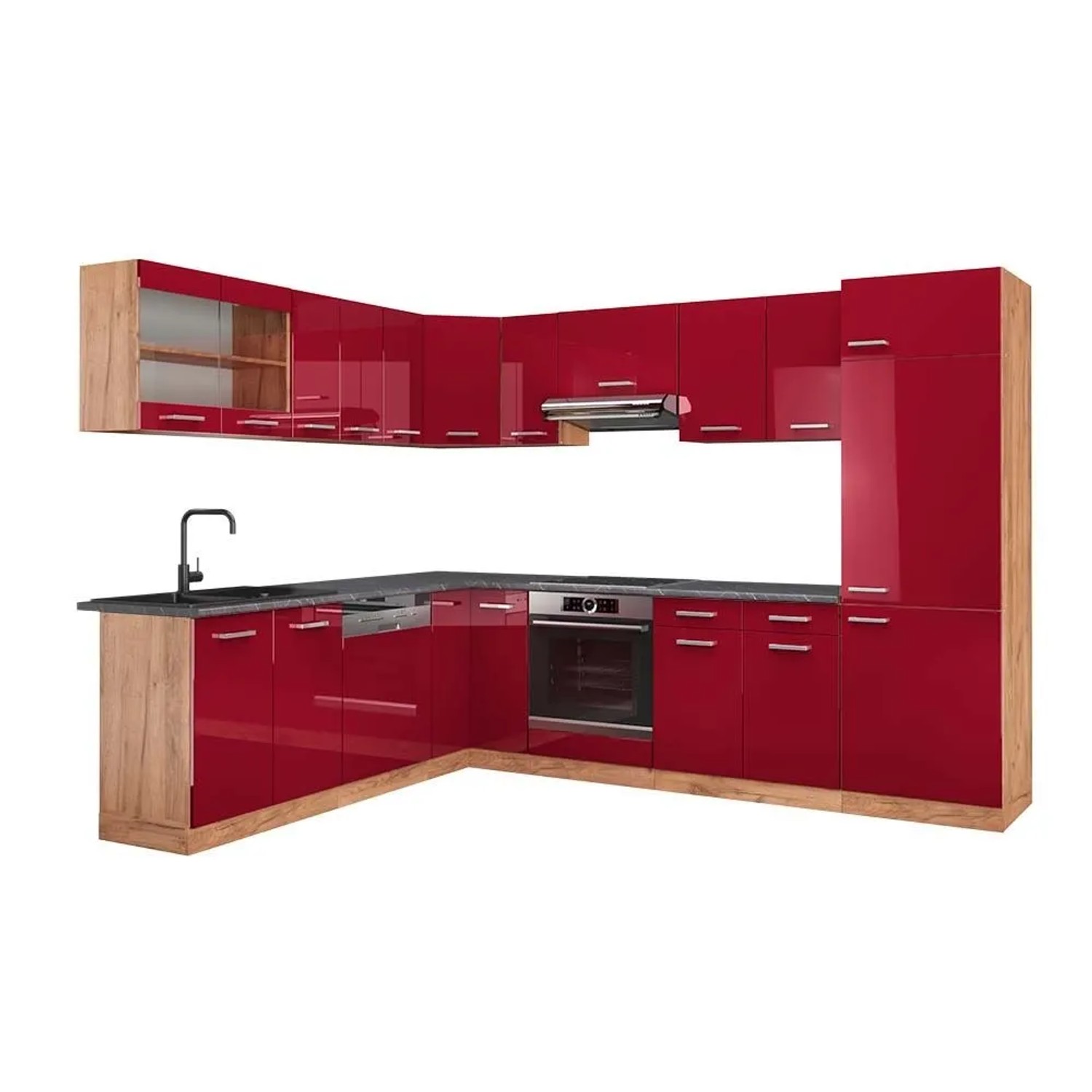 Vicco Eckküche R-Line Rot Hochglanz/Goldkraft Eiche 287 x 82, AP Anthrazit