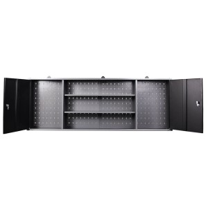 Werkstattschrank aus dem Ondis24 Werkstatt Set mit Lochwand und Regalböden, Türen geöffnet.