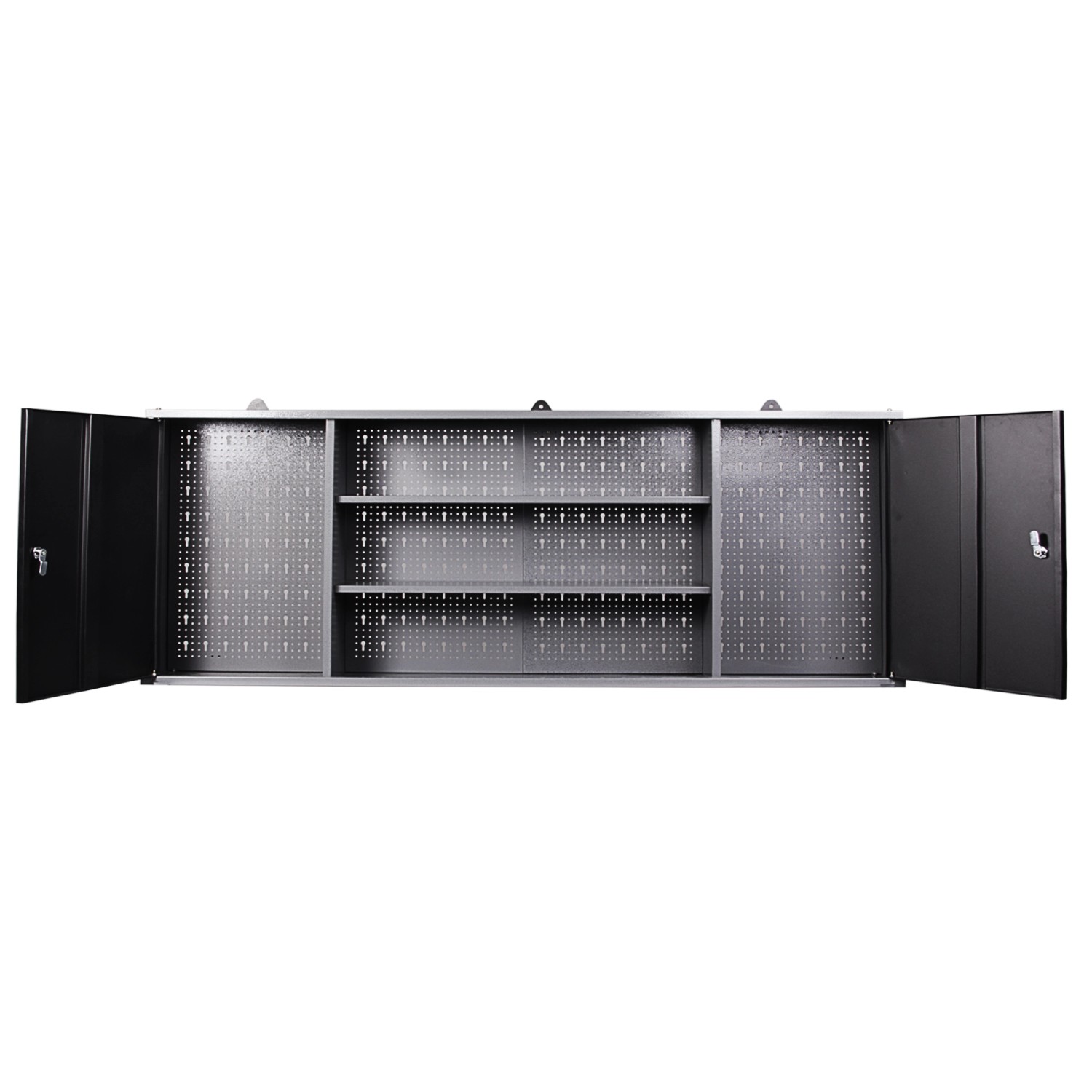 Werkstattschrank aus dem Ondis24 Werkstatt Set mit Lochwand und Regalböden, Türen geöffnet.