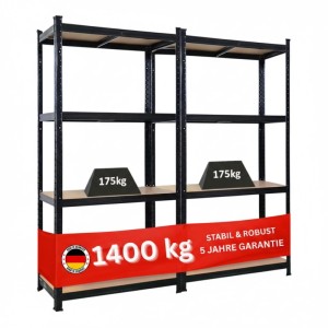 PROREGAL 2er Set Schwerlastregale, schwarz, 160x80x40cm, mit je 4 MDF-Böden (175kg Fachlast).