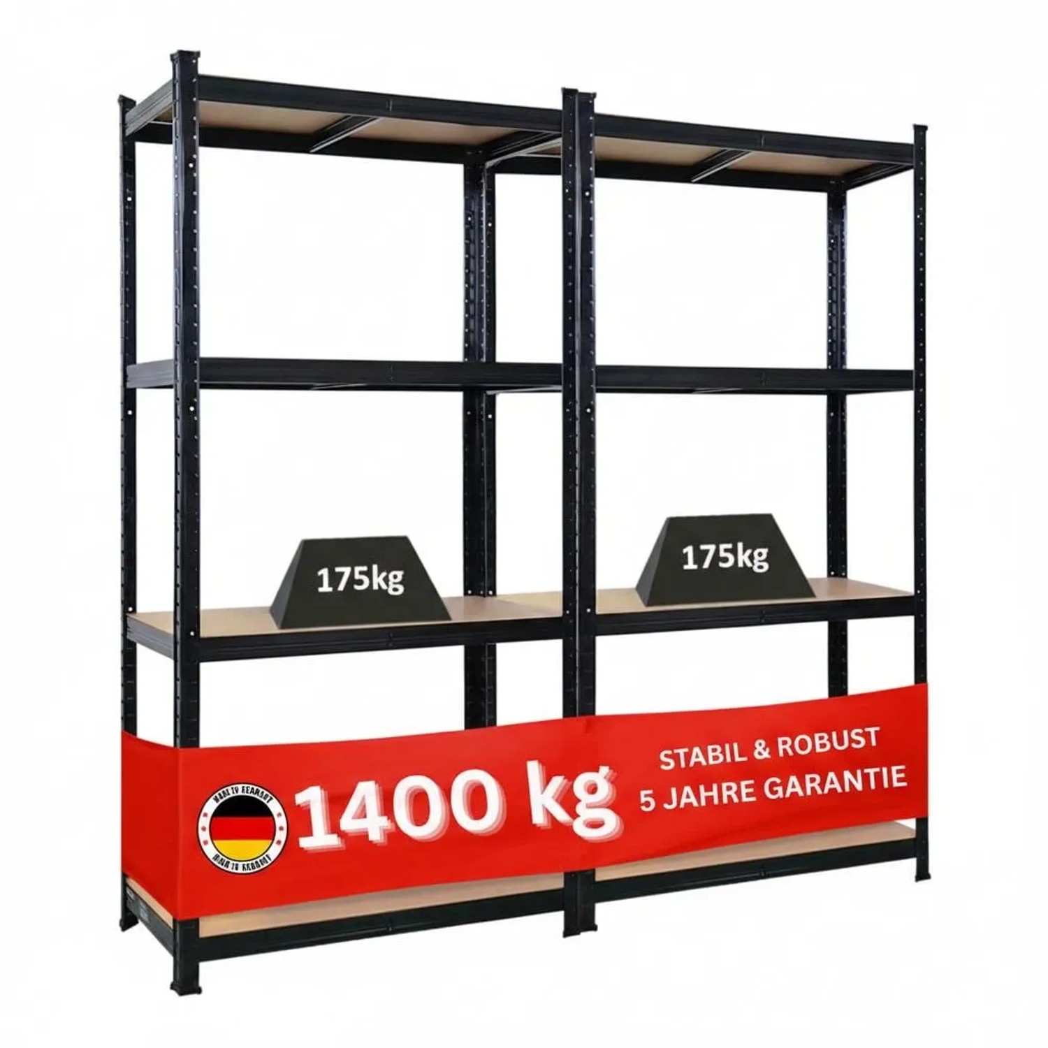 PROREGAL 2er Set Schwerlastregale, schwarz, 160x80x40cm, mit je 4 MDF-Böden (175kg Fachlast).