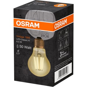 Osram E27 LED-Lampe in Glühlampenform, 6,5W, warmweiß, im Karton.