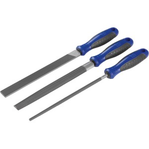 LUX-TOOLS Feilen-Set Comfort, 3-teilig, 200 mm, mit Flach-, Rund- und Halbrundfeile und blau-grauen Griffen.