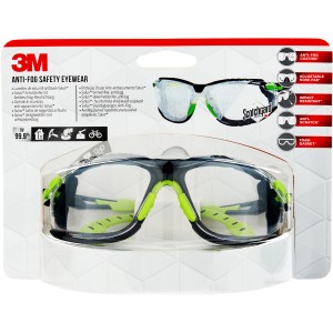 3M Solus 1000 Schutzbrille mit klarer Polycarbonatscheibe, Antibeschlag-Beschichtung und grün-schwarzem Rahmen.