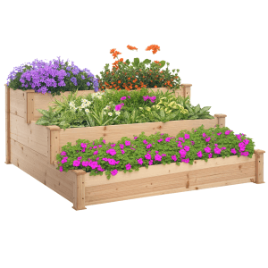 Outsunny Garten-Bett aus Tannenholz mit drei Ebenen und bunten Blumen bepflanzt.