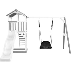 Axi Beach Tower Spielturm mit Nestschaukel und Rutsche, grau/weiß. Spielanlage aus Holz für den Garten.