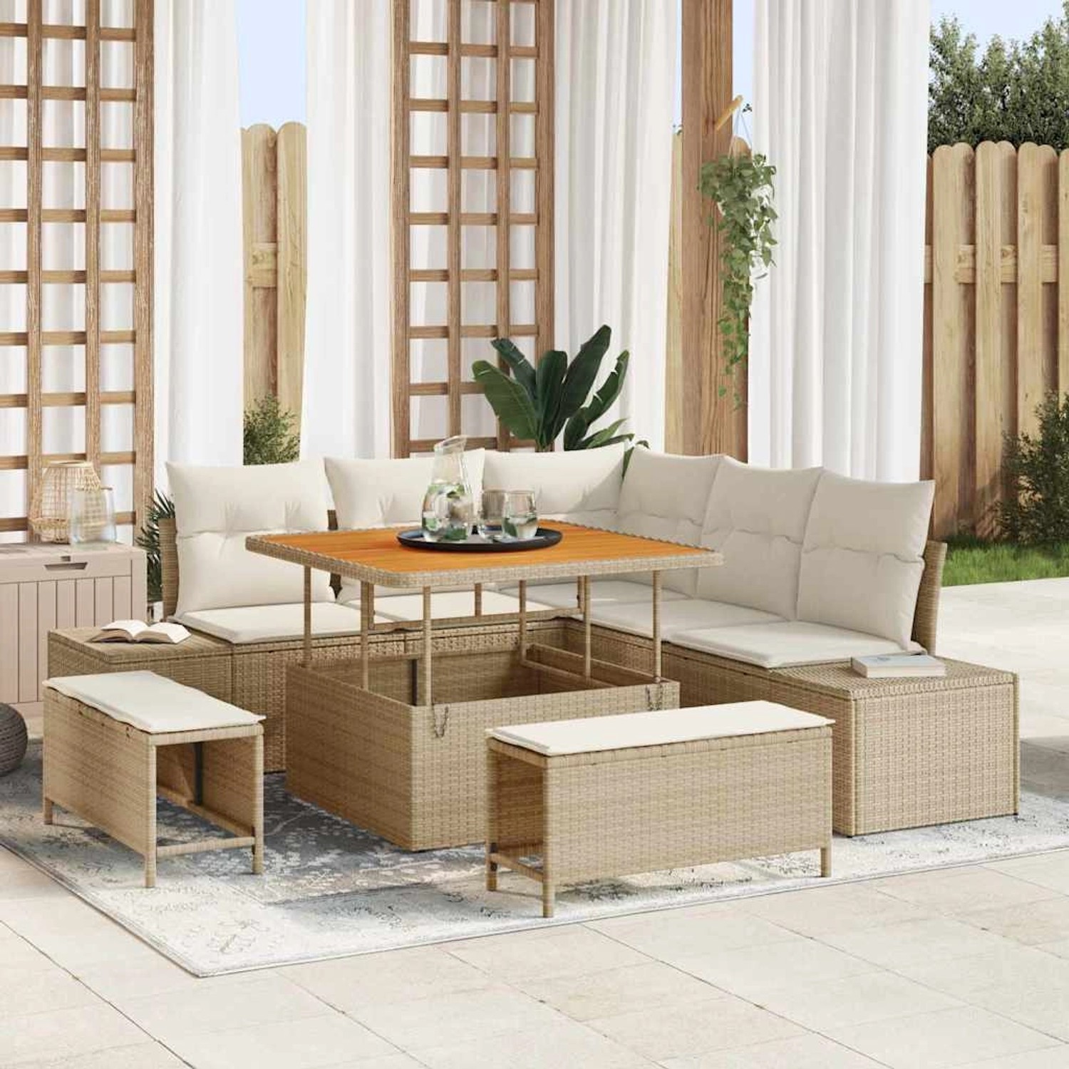 Beiges 8-teiliges Garten-Sofa-Set mit Stauraum aus Polyrattan von vidaXL.