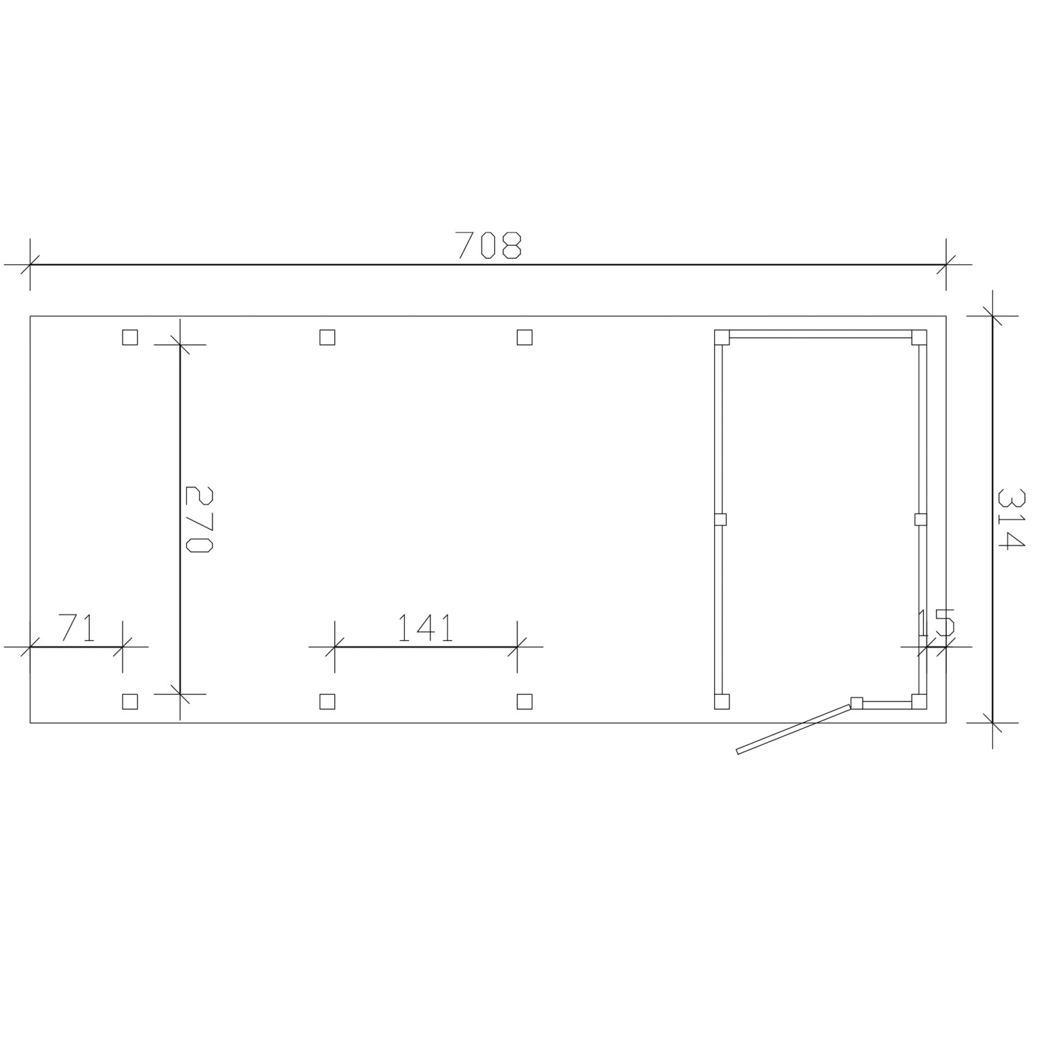 Grundriss Skan Holz Carport Friesland Hybrid, 314x708 cm, mit Abstellraum, Maße in cm.