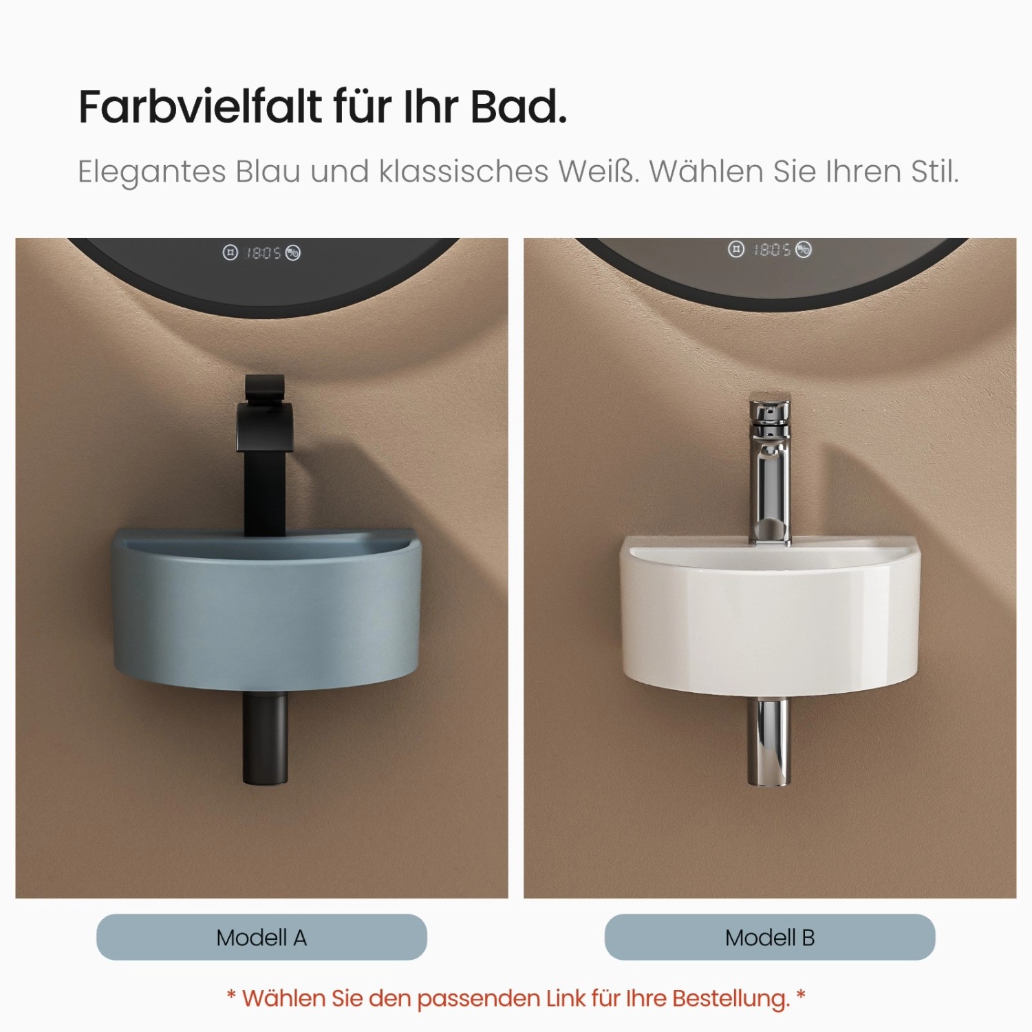 Emke Mini-Waschbecken in Hellgrau-Blau und Weiß, U-Form, zur Wandmontage.