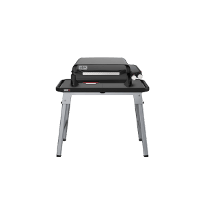 Weber Gasgrill Slate GP56 Bundle mit Stand in Schwarz, mit Grillfläche und klappbarem Tisch.