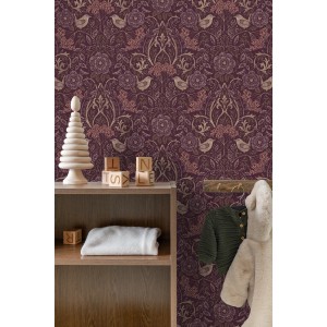 ESTAhome Tapete Blumen und Vögel im Jugendstil Aubergineviolett 50 x 900 cm