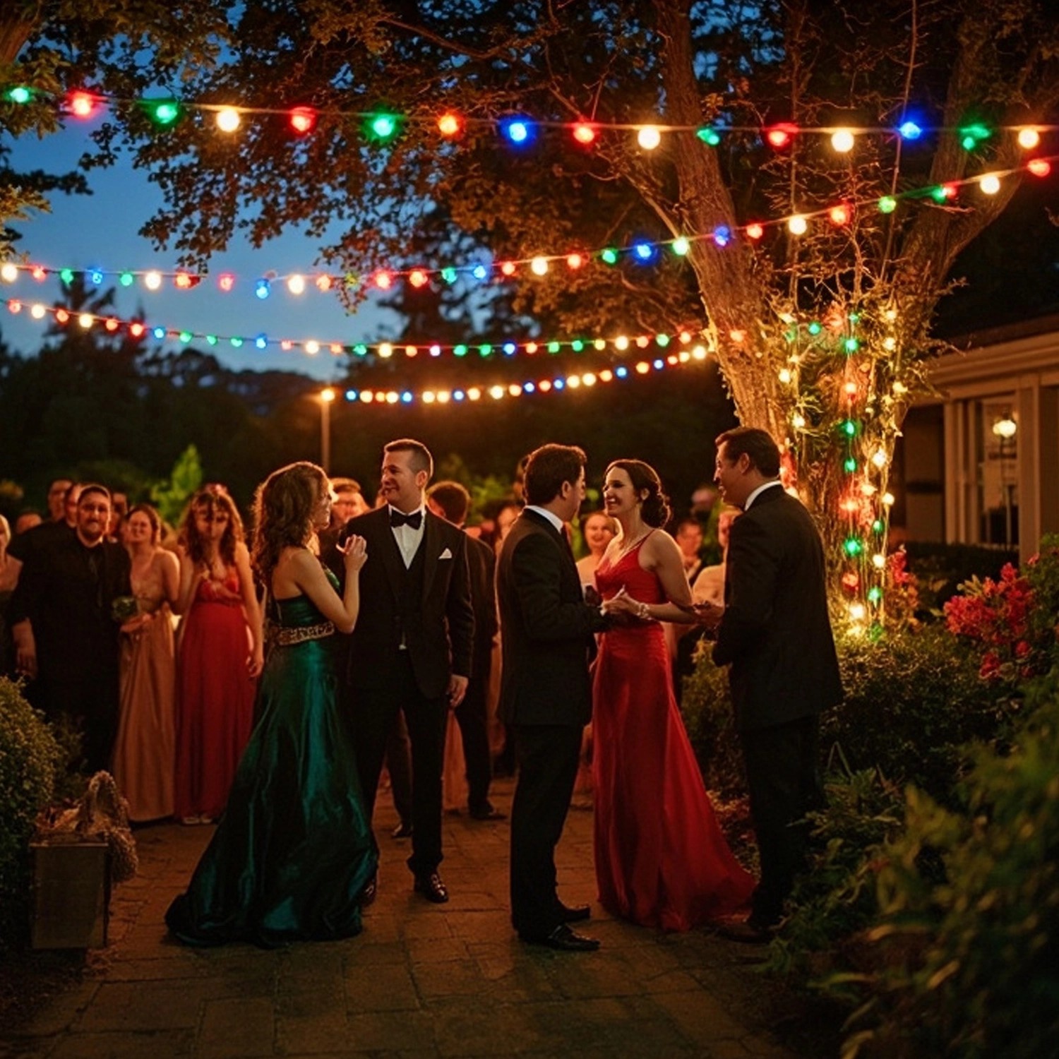 Party im Garten, beleuchtet mit Satisfire Illu-Lichterkette, 40 bunte LED-Kugeln.