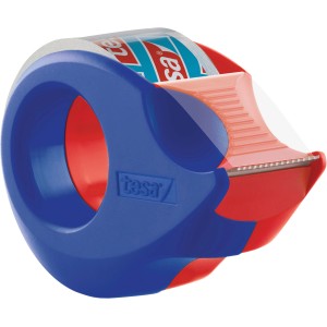 Tesa Film Kristall-Klar mit Mini-Abroller, blau-roter Handabroller mit Tesafilm.