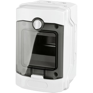 Aufputz Kleinverteiler mit transparenter Tür, 4 TE, 16x16x10,6 cm, für Elektroinstallationen.