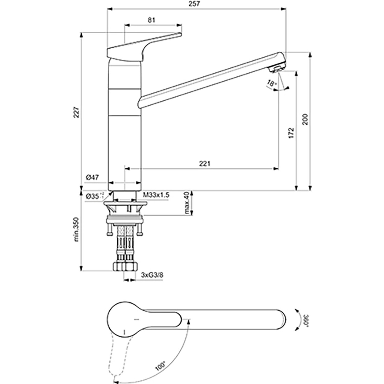 Technische Zeichnung: Ideal Standard Cerafit Küchenarmatur Niederdruck, hoher Auslauf, Chrom, mit Maßen.