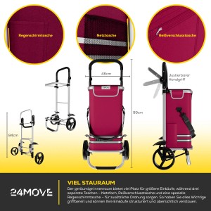 Roter 24MOVE Einkaufstrolley Vehlo 3in1, faltbar mit Kühlfach und diversen Taschen.