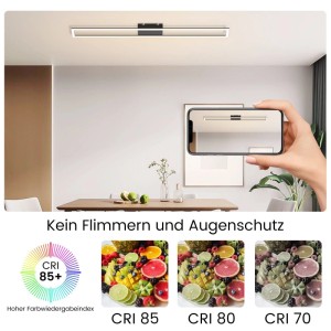 Schwarze, dimmbare NETTLIFE LED Deckenleuchte aus Metall, 108cm, in modernem Design über Esstisch. Hoher CRI 85.