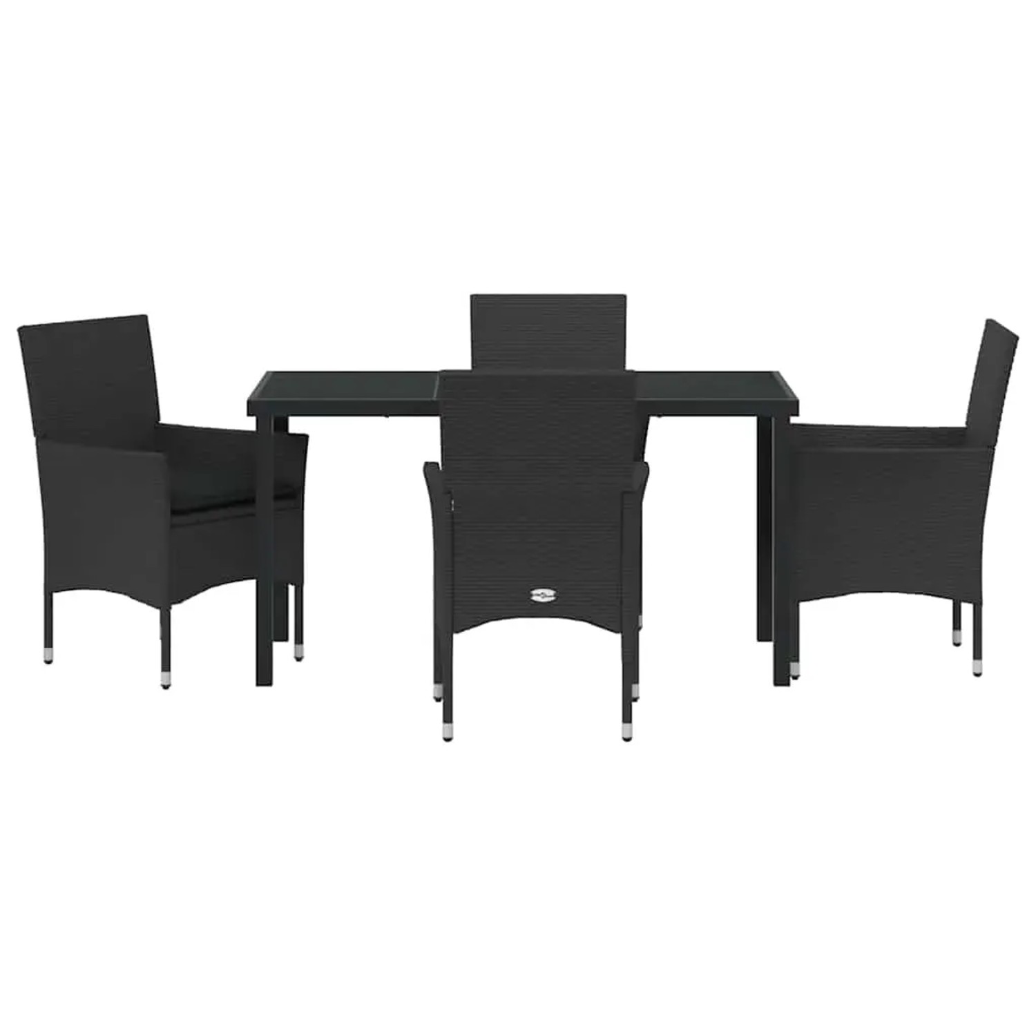 Schwarze 5-tlg. vidaXL Garten Essgruppe aus Poly Rattan mit Tisch und Stühlen.