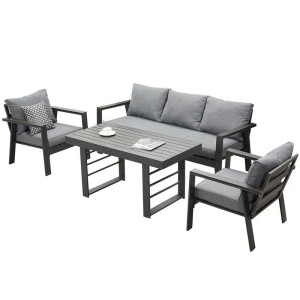 MeXo Aluminium Dining Lounge Set grau mit 3-Sitzer Sofa, 2 Sesseln und Esstisch für 5 Personen. Moderne Gartenmöbel.