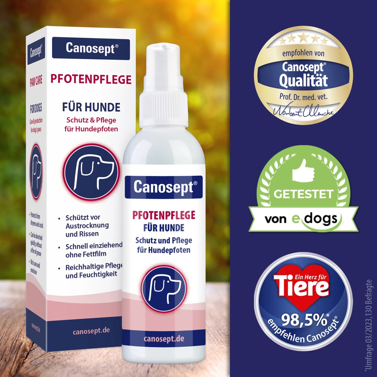 Canosept Pfotenpflege für Hunde, 75g Flasche und Karton, schützt vor Austrocknung und Rissen.