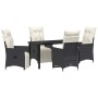 Schwarze 5-tlg. vidaXL Garten Essgruppe aus Polyrattan mit Tisch und Stühlen mit Kissen.
