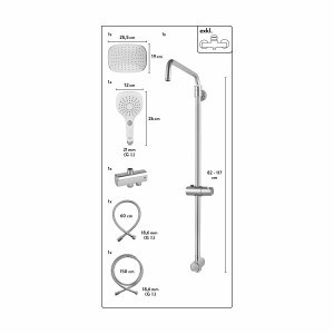 baliv Überkopfbrause-Set KBS-14.120 verchromt, bestehend aus Kopf-, Handbrause, Brauseschlauch und Steigrohr.